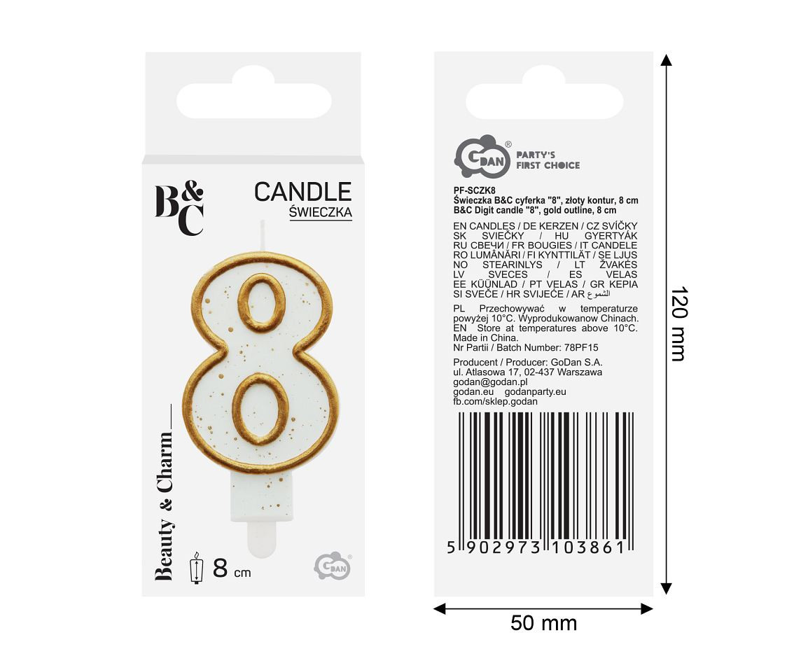 Digit candle "8", gold outline, 8 cm
